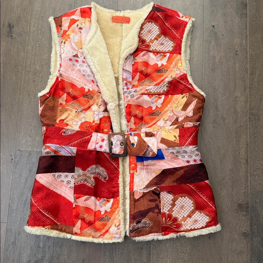 Vintage Shearling Lined Patchwork Red And Brown W… - image 1